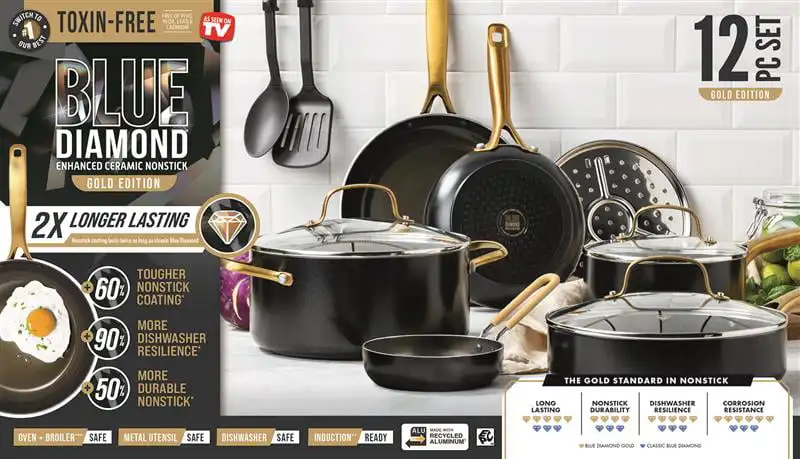 Blue Diamond Gold Edition Ceramic Nonstick 12 Piece Cookware Set,  PFAS-Free, - AliExpress