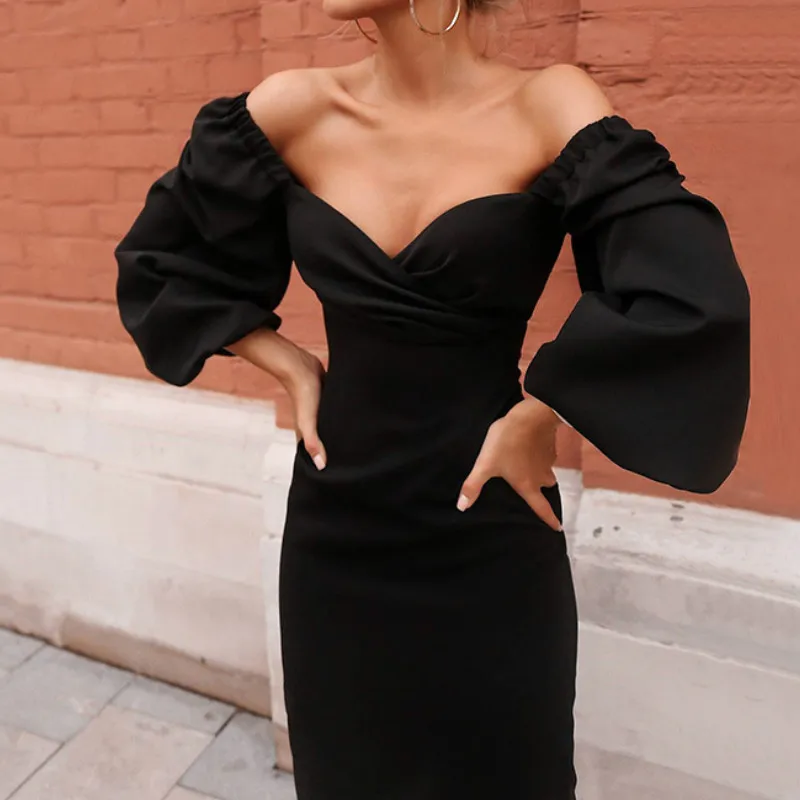 

Women Autumn V Neck Party Dress 2023 New Off Shoulder Bodycon Vintage Dress Black Fashion Solid Club Night Elegant Midi Vestidos