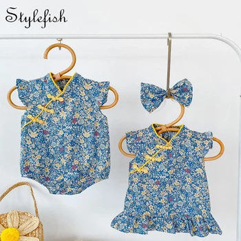 Summer new 0-2 year old baby clothing fashionable Chinese style baby cheongsam all cotton sleeveless jumpsuit crawling suit 1