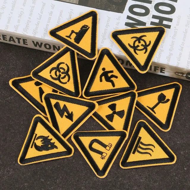 Triangle Caution Signs Embroidered Appliques Traffic Warning Board Badges Small Iron on Patches Decorative Stickers for Clothing 1