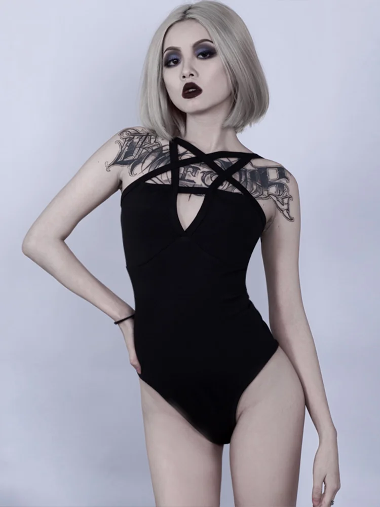 

Sexy Bodycon Black Bodysuits Gothic Streetwear Pentagram Hollow Out Women Bodysuits Casual Solid Black Bodys Female Bodysuit