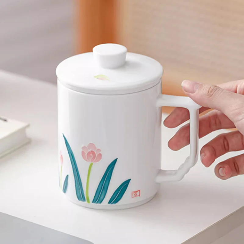 Chinese Style Ceramic Mugs, Home Personal Office Creative Teacup With Cover, Filtered Tea Water Separation, Tea Cups, 450ml, 1Pc