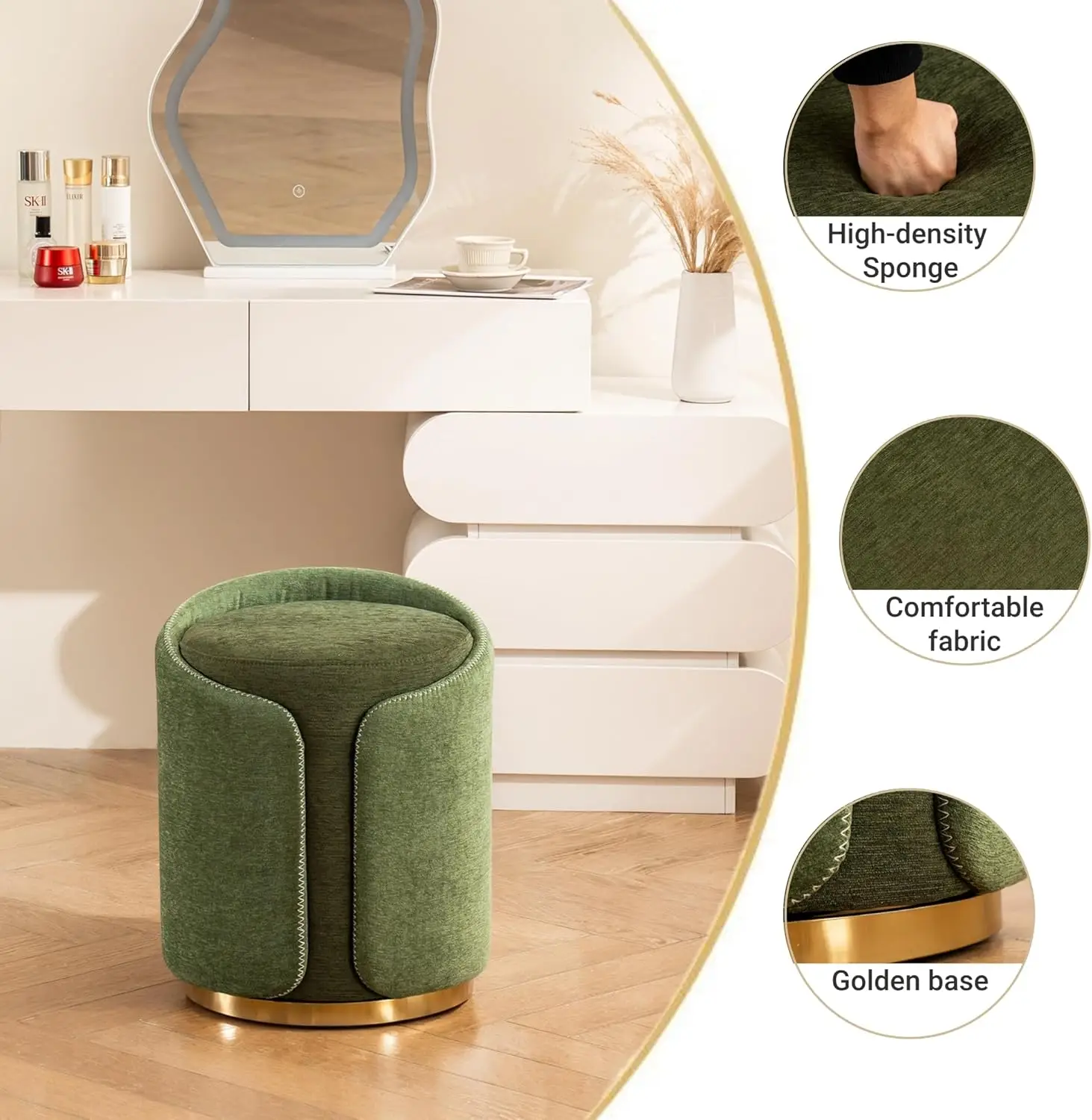 Swivel Vanity Stool with Gold Base Comfy Vanity Chair Modern Round Stool for Makeup Vanity Ottoman Foot Rest