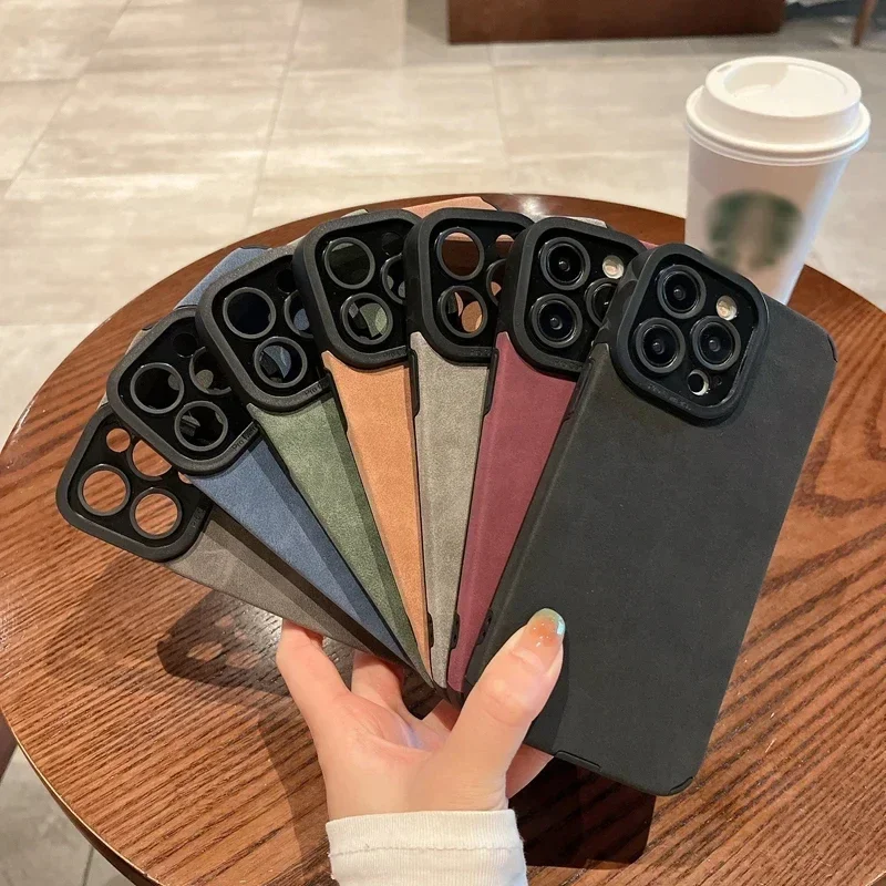 Premium Matte Leather Shockproof Phone Case with Soft Silicone Bumper