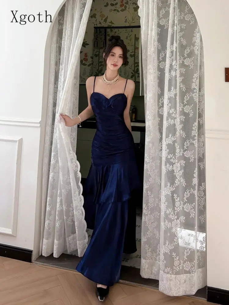 Xgoth Summer High-end Banquet Waist Slimming Fishtail Long Dress French Elegant Pleated Strap Camisole Evening Dress for Women 1