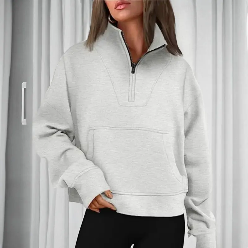 

Autumn Winter Women Sweatshirt Top Elegant Y2K Chic Clothes Loose Long Sleeve Zipper Stand Collar Pocket Hoodies Streetwear