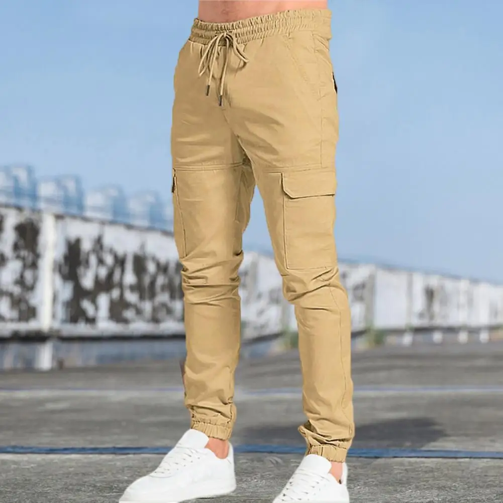 Men Cargo Pants Ankle-banded Multiple Pockets Sports Pants Elastic Waist Slim Fit Drawstring Men Casual Pants Summer Trousers