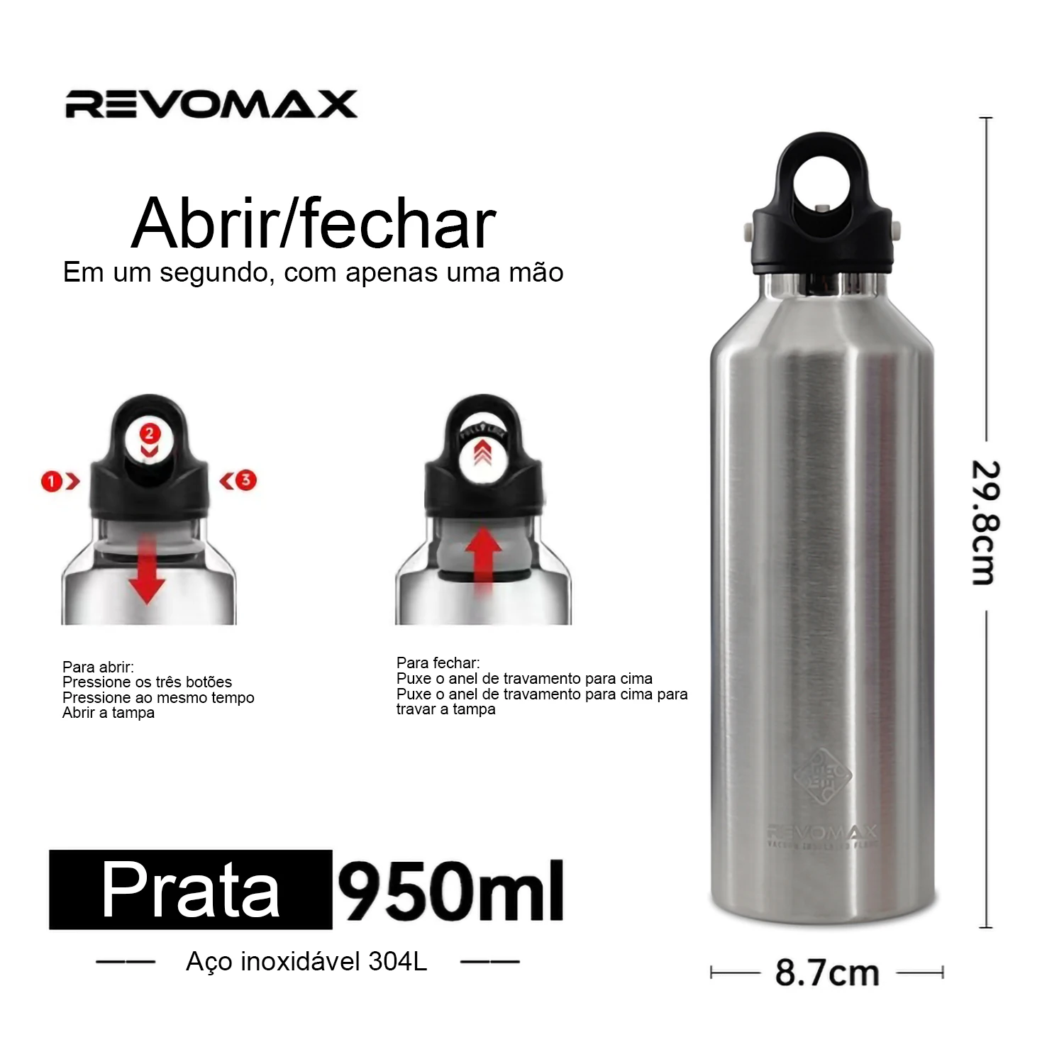 REVOMAX Garrafa Térmica de Agua Vácuo Aço Inoxidável，Sem Parafuso Abertura Com Uma Mão, 950ml 10