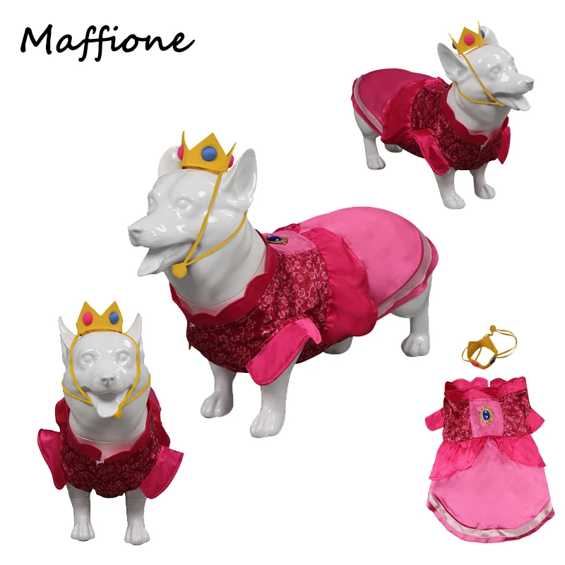 

Pet Dog Dress Movie Princess Cos Peach Cosplay Puppy Pink Skirts Crown Clothing Costume Outfits Halloween Carnival Role Suit
