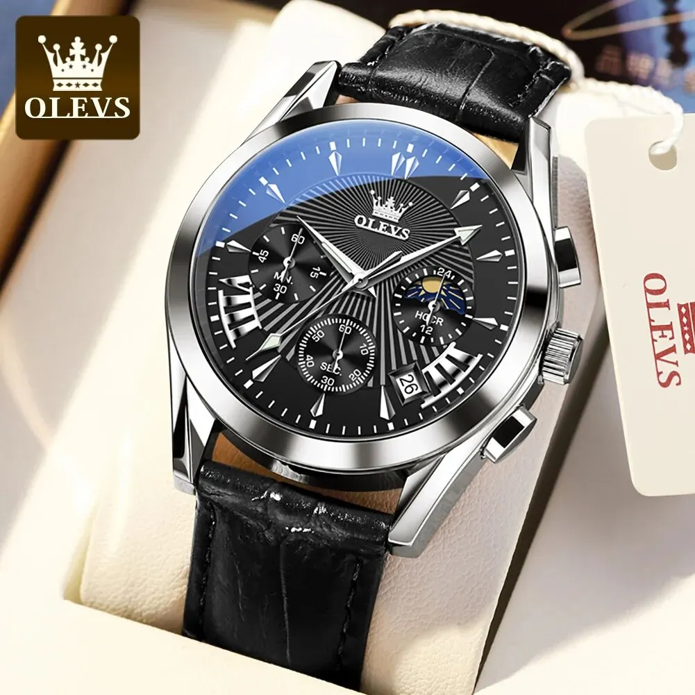 OLEVS 2876 Genuine Leather Strap Quartz Watcges for Men Waterproof Chronograph Moon Phase Auto Date Luxury Top Men's Wrist Clock