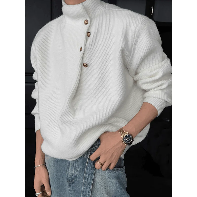 Vintage Trend Casual Autumn Winter New Men Turtleneck Solid Button Fashion Luxury Business Long Sleeve Pullovers Knitted Tops 3
