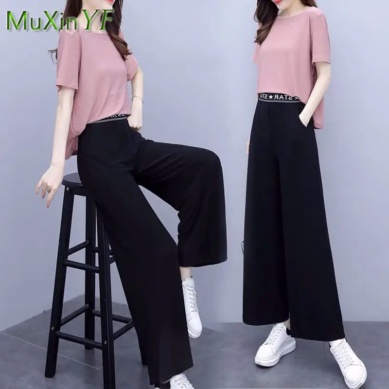 Women's Summer Ice Silk Wide-leg Pants Suit 2024 New Casual T-shirt Top Trousers Two-piece Korean Elegant Loose Female Tracksuit