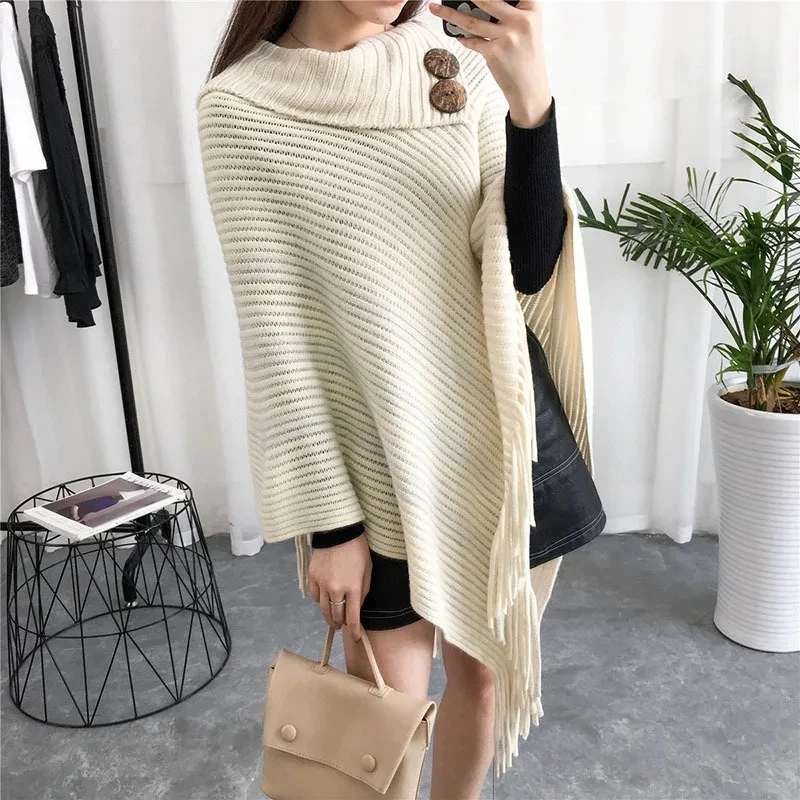 

Spring Autumn Nordic Design Button High Lapel Cape Bright Silk Sweater Loose Pullover Sleeveless Lady Outside Khaki