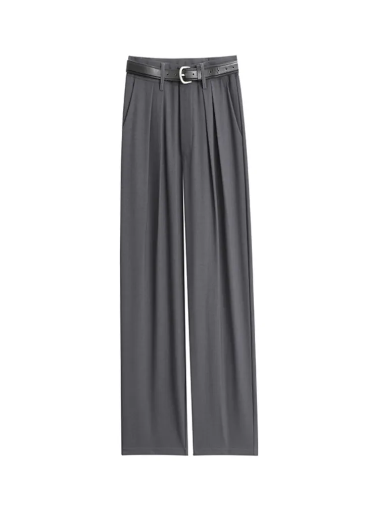 Retro Straight Wide Leg Brown Pants Vintage Female Korean High Waist Casual  Long Navy Blue Pants White Beige Trousers