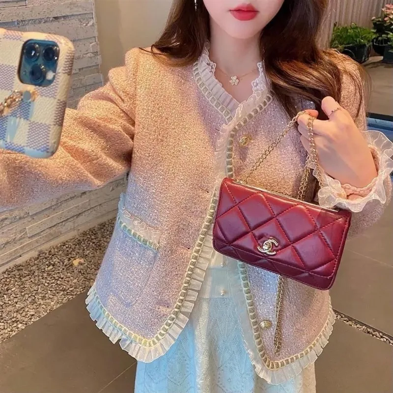 Korean Chic Tweed Jacket Women Coat Long Sleeve Vintage Mesh Patchwork Tweed Blouse Cropped Jacket Short Tops Clothes Women