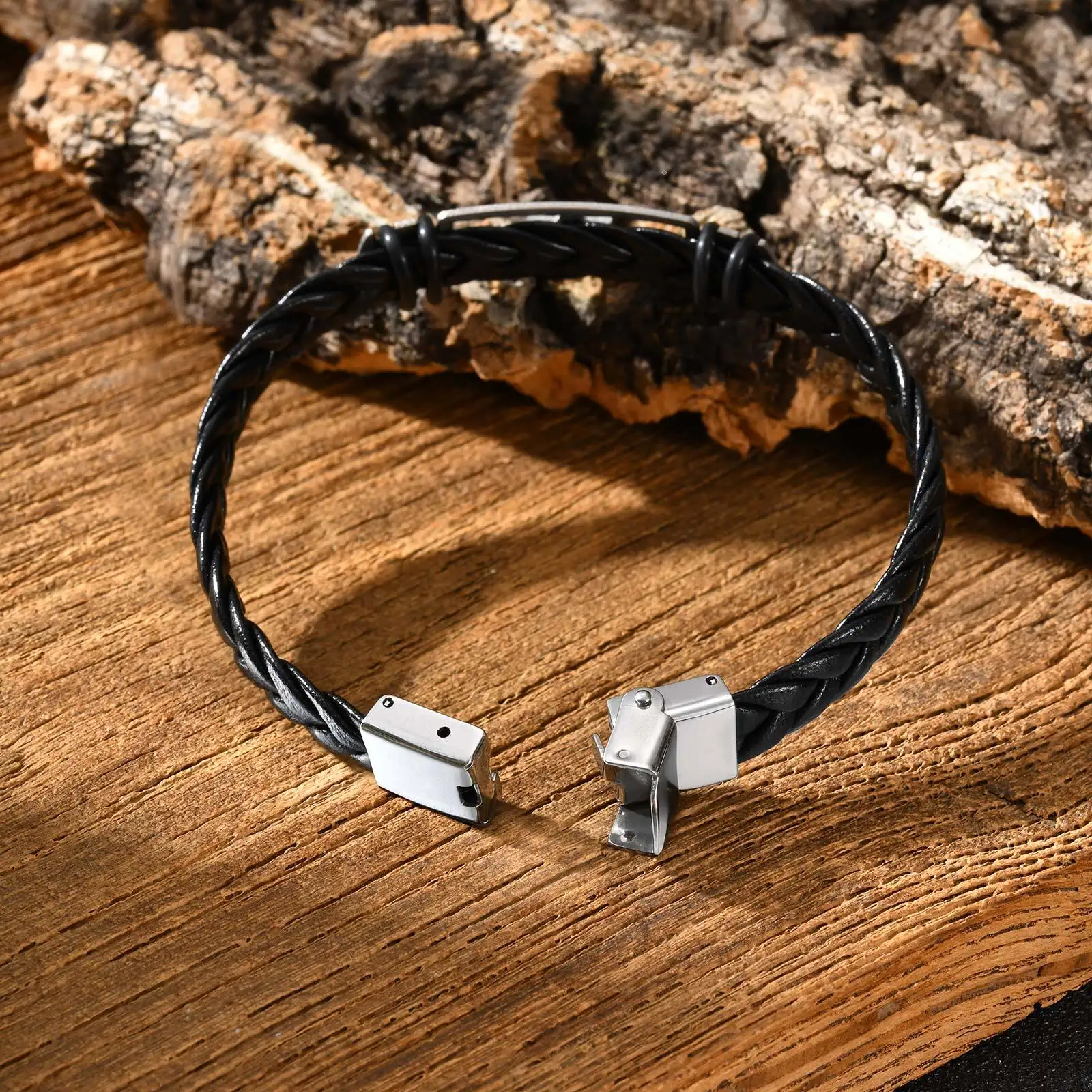 Hexagonal Star Leather Bracelet for Men,Black PU Woven Leather Wristband,Trendy Jewelry Gift