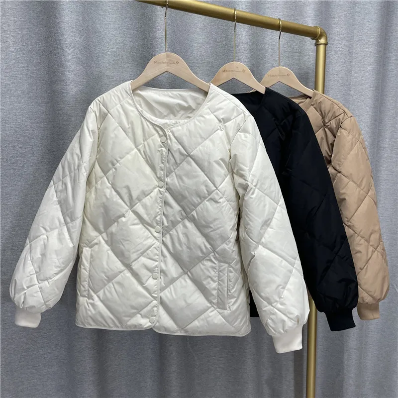 

Women Autumn Winter O-Neck Lingge White Duck Down Coat Parka Ladies Single-breasted Short Thin Solid Color Padded Jacket
