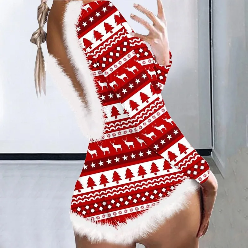 Christmas Print Fur One Piece Romper Women 2023 Winter Fashion Backless Long Sleeve V-neck Button Sleepwear Party Playsuit spring summer long sleeve fashion maternity nursing night dress sweet loose feeding sleepwear for pregnant women pregnancy home