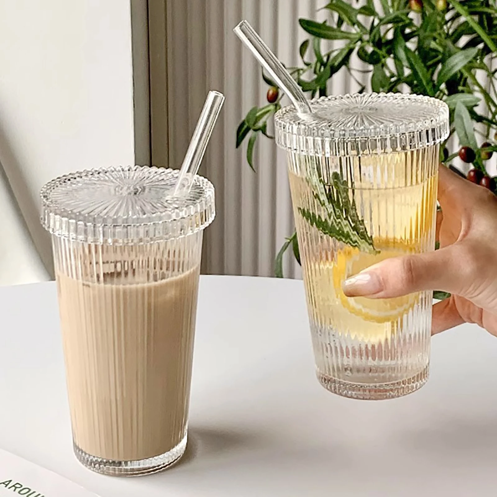 1set 375ml Striped Glass Cup With Lid & Straw For Milk, Coffee And Beverage