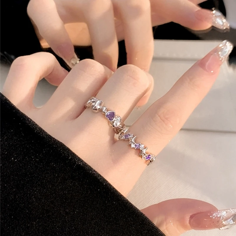 4XBF Set of 2 Purple  Adjustable Open Rings Engagement Rings Y2K Adjustable Rings Alloy Material Aesthetic Jewelry 2