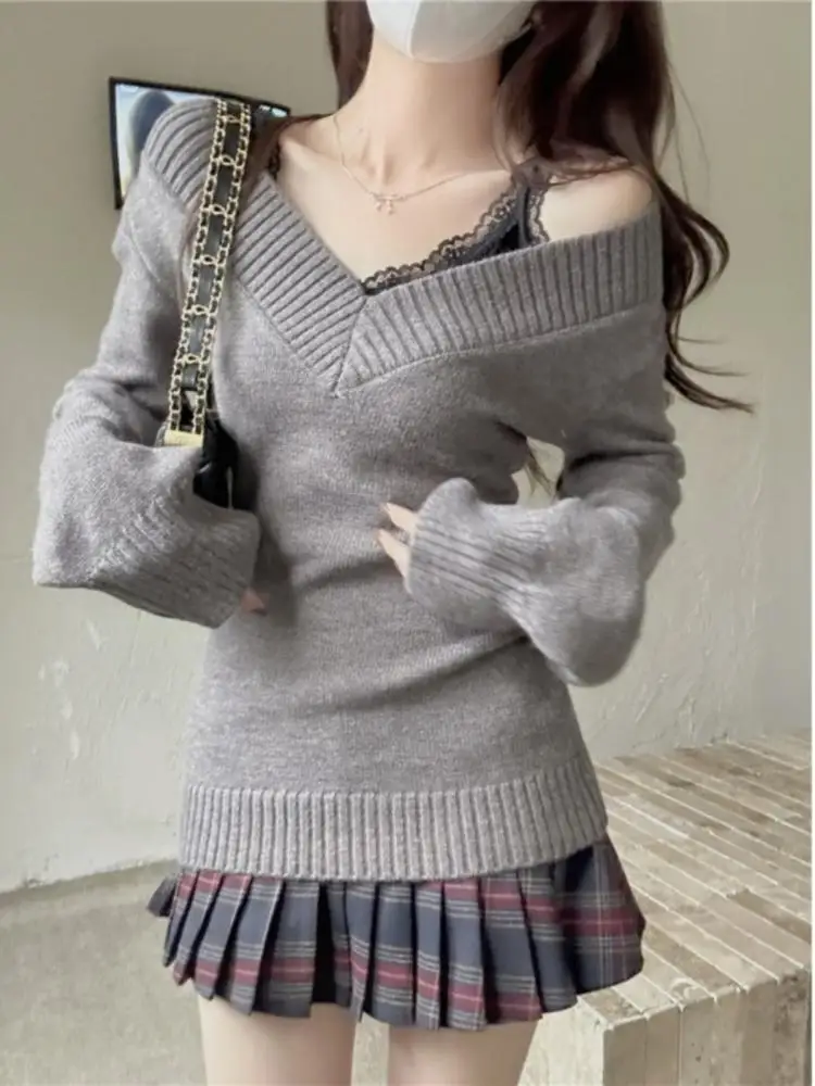 Women Retro V-Neck Slim Fit Long Sleeve Knitted Sweater Summer Soft Versatile Overhead Top Ins Commute Casual Wear 5