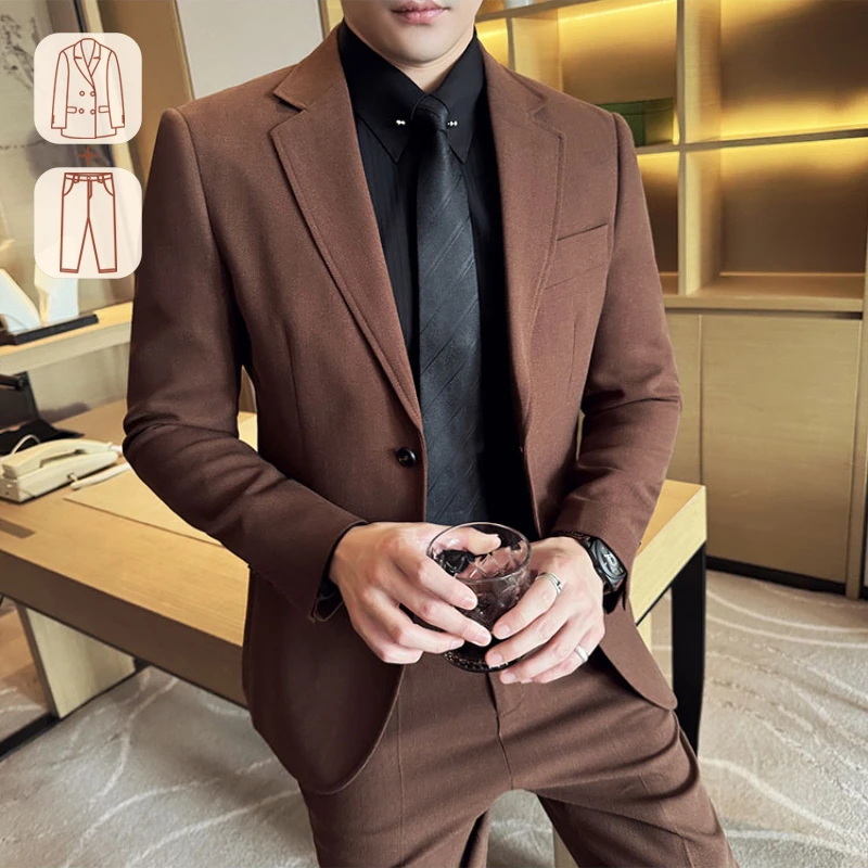 Thickened High-quality Pure Color Business Casual Men's Linen Blend Pinstripe Suit for Autumn and Winter.Wedding Dress M-4XL