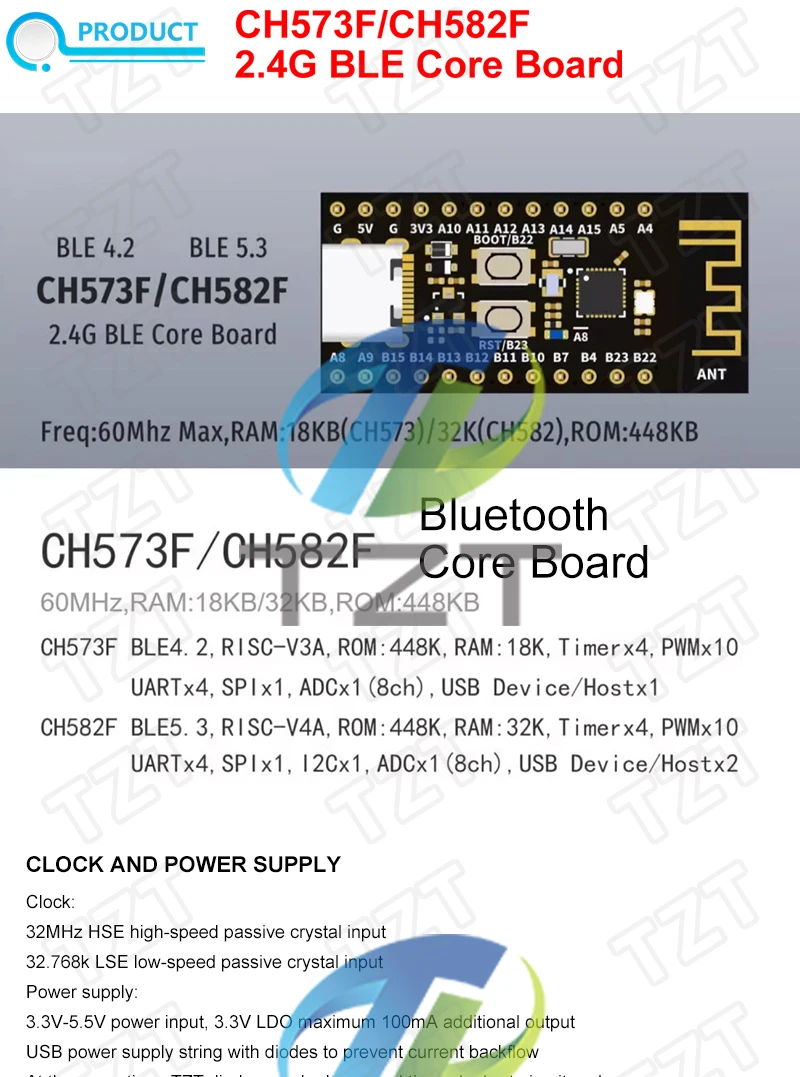 CH573F CH582F BLE5.3 BLE4.2 Bluetooth Core Development Board Modul TZT 60 MHz RAM 18 KB 32 KB ROM 448 KB – Detail 1