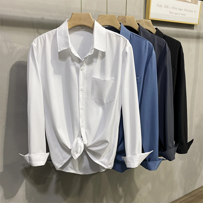 

Fashion Classic Solid Shirts for Men Autumn Long Sleeve Business Casual Elasticity Shirts Turn-Down Collar Male Black White