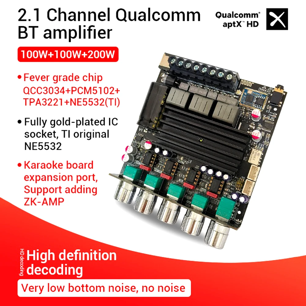 

ZK-APTX 1Bluetooth 5.0 Subwoofer BT Digital Amplifier Board 100Wx2+200W Subwoofer Chip QCC3034 TPA3221