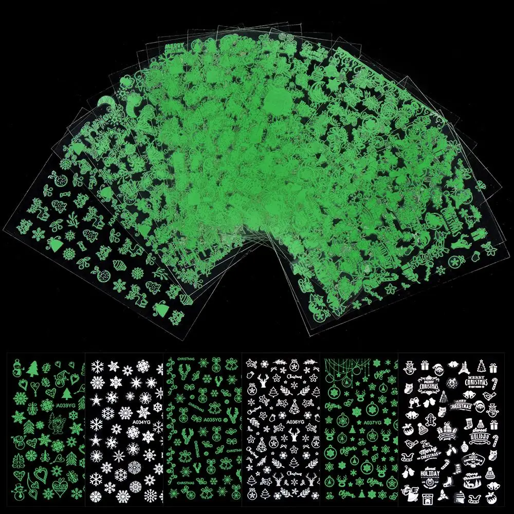 

16pcs Luminous Christmas Snowflake Nail Art Stickers 9*6.5cm Luminous Santa Claus Elk Decals Winter Holiday New Year Sliders