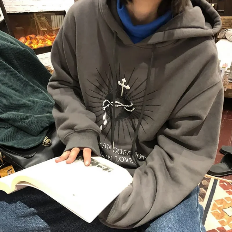 

Женская темно-серая толстовка с капюшоном, флисовый плотный свитшот с длинным рукавом, модные мешковатые Женские топы с надписью, пуловер, худи, осень