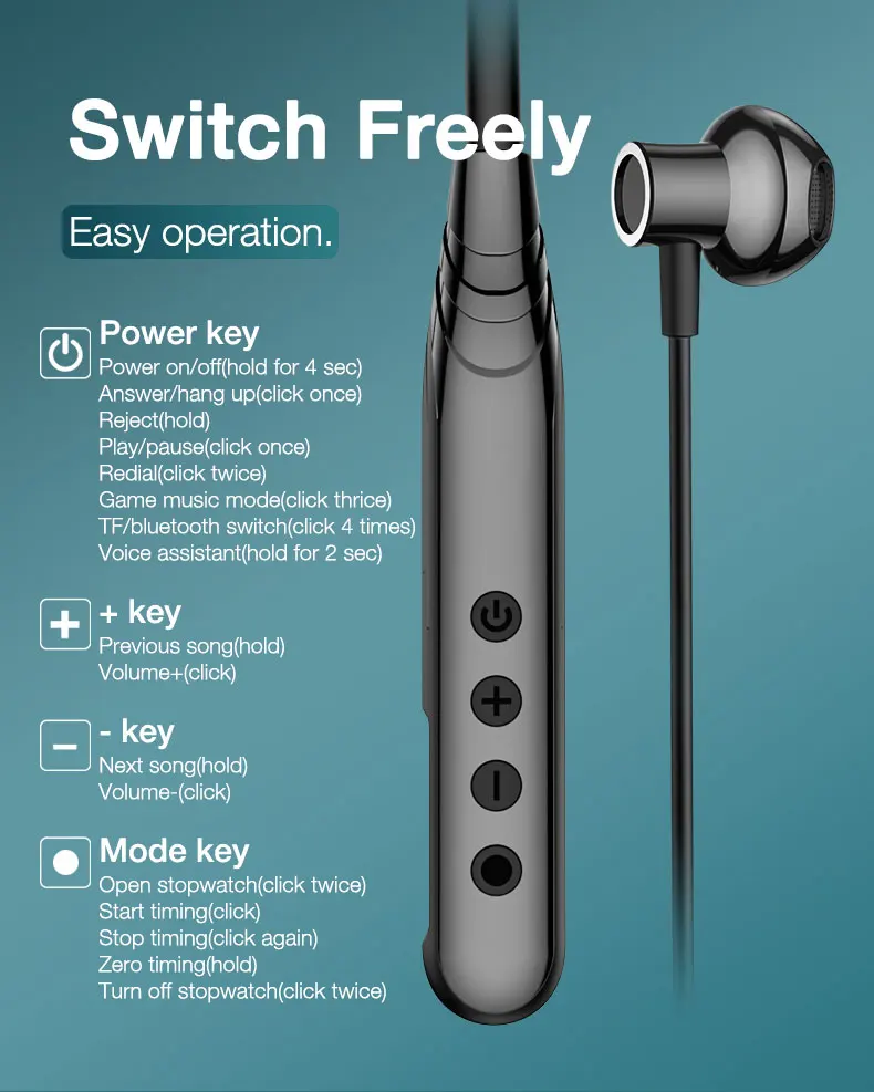 pescoço, Bluetooth, estéreo, reprodução de 120 horas, baixo, desporto