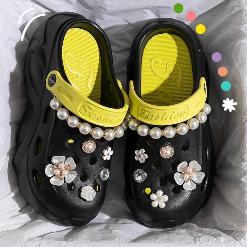 Summer Fashion Pearl Chain DIY Clogs Women 2025 Chunky Platform Slip On Sandals Women Thick Bottom EVA Slippers Shoes Woman Heel - Image 2