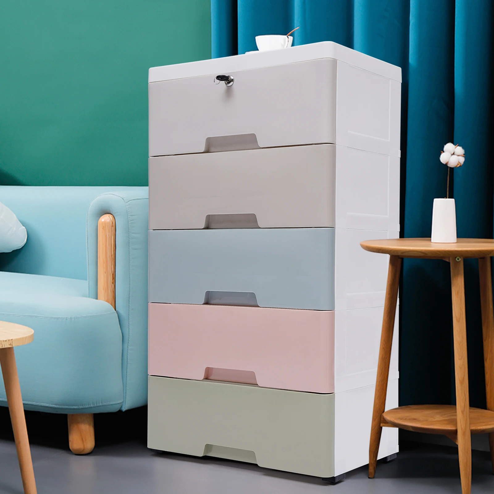 

Plastic Drawer Unit Storage Cabinet with Lock 5-Drawer Vertical Clothes Storage Tall Closet Tower Home Furniture For Organizer