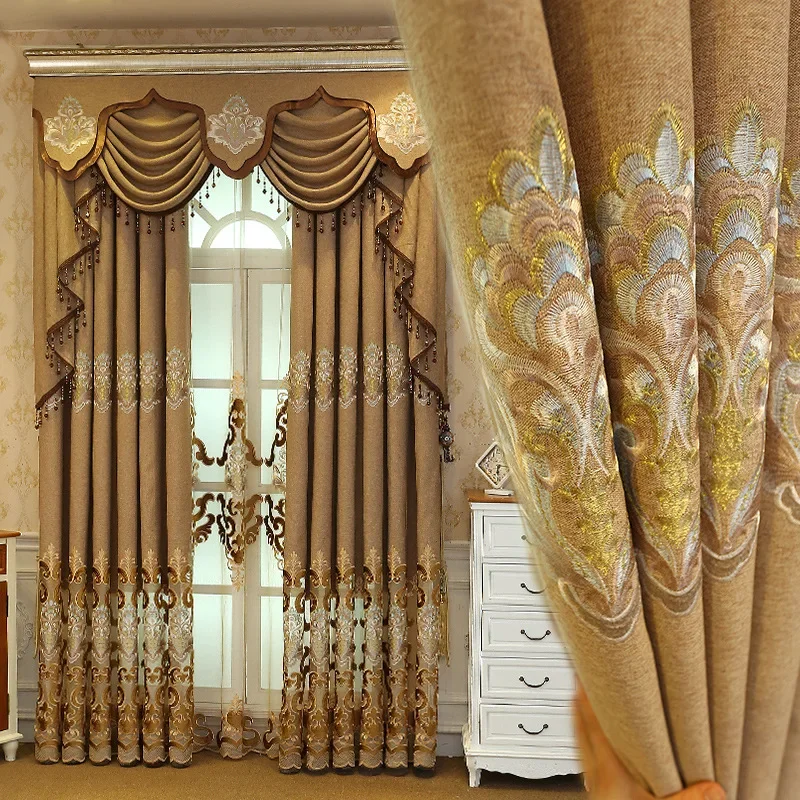 

Nordic Style Finished Embroidered Blackout Curtains Elegant and Gorgeous Hollowed Out Embroidery Custom Valance Tassels
