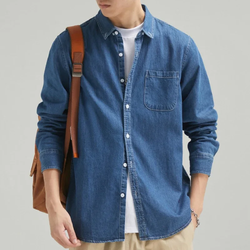 Four Seasons Men Long Sleeve Denim Shirt Cotton Jacket No Ironing Casual Social Comfortable Breathable 3 Colors