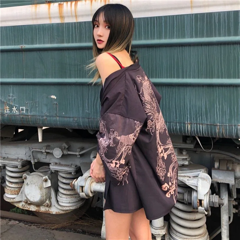 Dragon Japanese Kimono Cardigan Kimono Haori for Woman Man Loose Thin Black Outer Garment Women Casual Yukata Streetwear