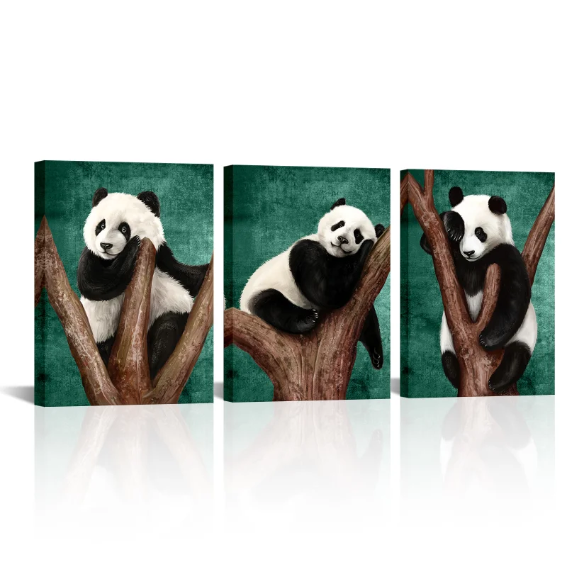 

3 Pieces Panda on Trees Wall Art Poster Cute Animal Print Canvas Painting Modern Style Picture Living Room Home Decor