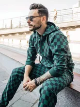 

New Men's Set Tracksuit 3D Plaid Sports Gentlemen Set Jacket Street Fashion Trend Stand-up Collar Zipper Sport Suit Fitness Suit