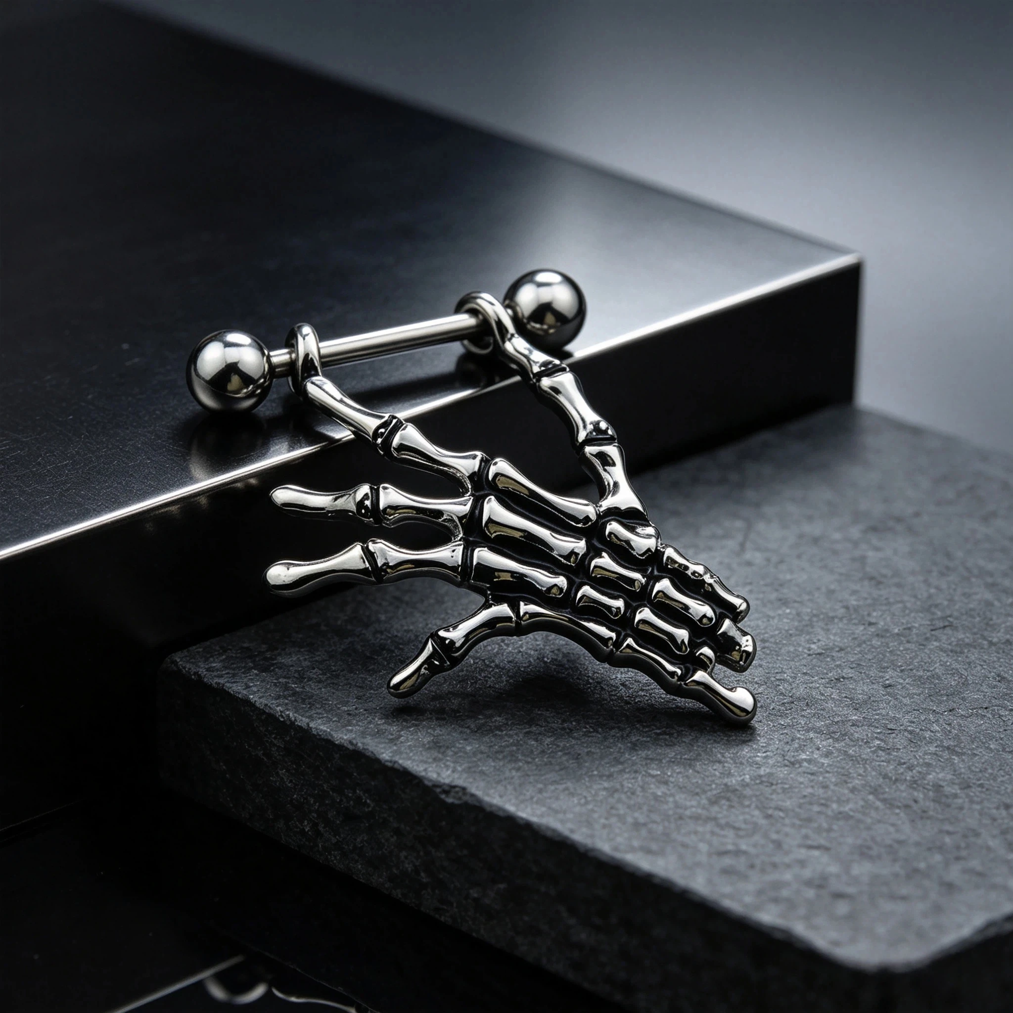 2-teilig hochwertige Totenkopf-Hände, Punk-Titan, chirurgischer Edelstahl, Langhantel-Nippel-Piercing, Körperschmuck für Damen und Herren