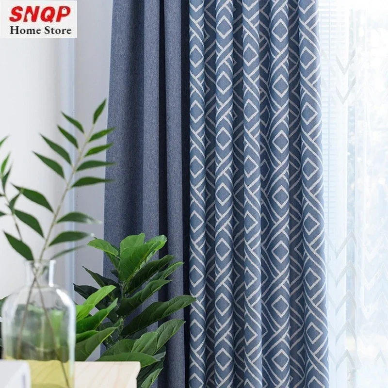 

Hemp Blue patchwork geometric jacquard Material Printing Modern Luxury Curtains for Living Dining Room Bedroom Window blackout