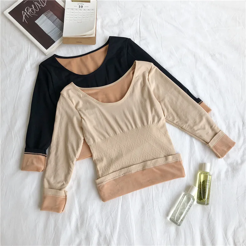 

4 Color Keep Warm Winter Fleece Thickening Bottoming Shirt Long Sleeve Thermal Underwear Slim Seamless Velvet Basic Tops 2022