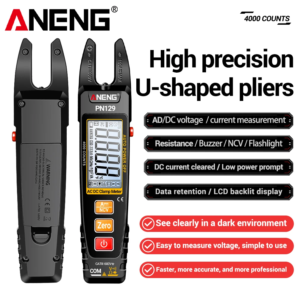 ANENG PN129 Clamp Meter U-shaped Smart 4000 Counts Multimeter Pliers AC/DC 600V Voltage Current Resistance NCV Sensing Test Tool