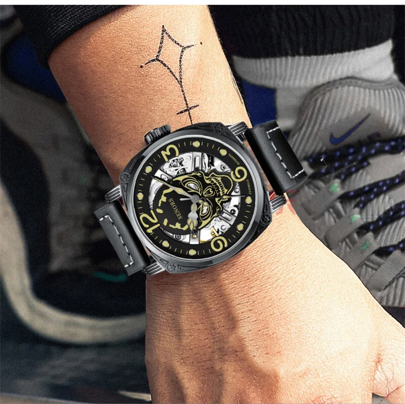 Luminous Skull Men  Top  Luxury Military Automatic Mechanical Male Clock Sport Waterproof Leather Wrist_voghion.com