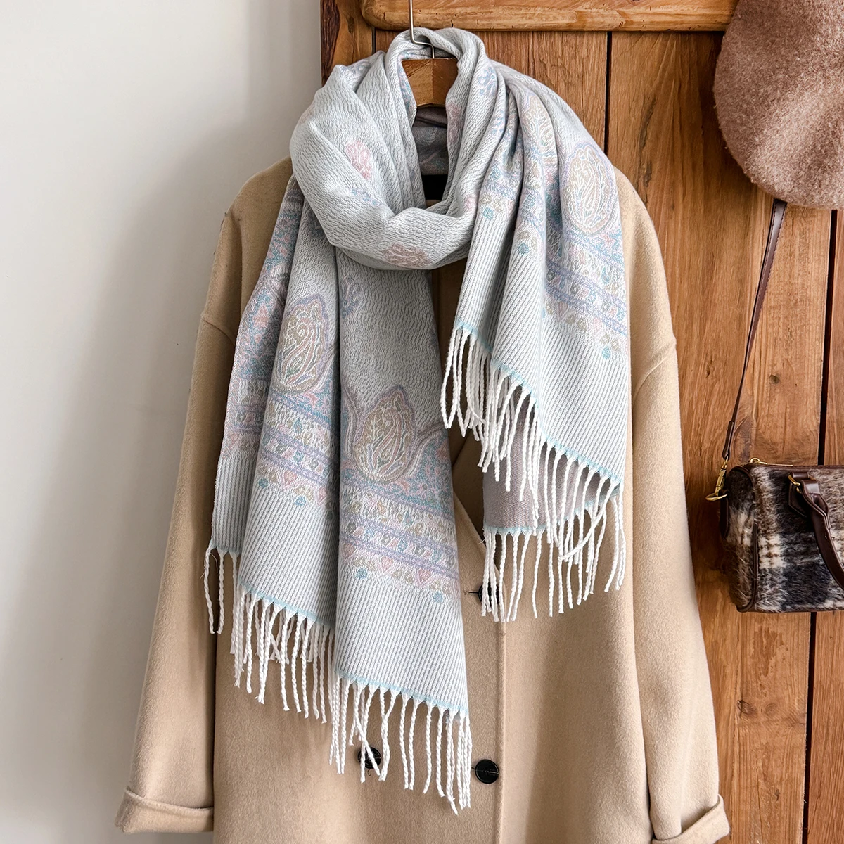 Brand Fashion Women's Winter Warm Cashmere Shawl - Vintage Floral Oil Painting Printed Tasseled Pashmina Thick Wrap