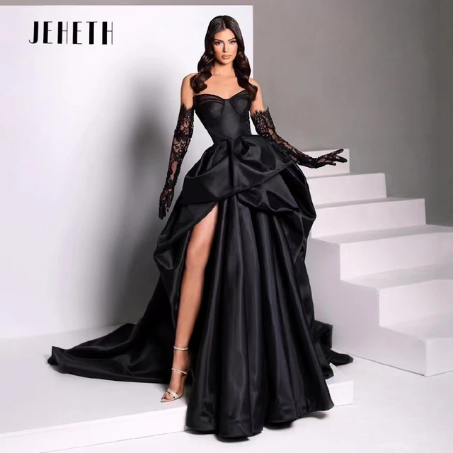 JEHETH Sexy Black Ladies Satin Off Shoulder Puff Prom Dress Side Slit  Evening Dress Princess Cocktail Gowns Lace Long Sleeves - AliExpress