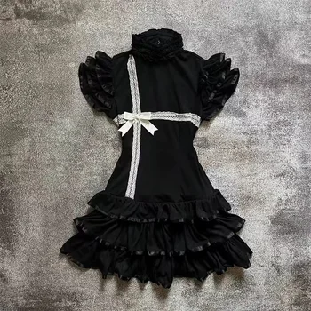 Japanese E-girl Gothic Vintage Dress Women Half High Neck Short Sleeve Bow Lace Mini Dress Cinch Waist Sweet Spicy Black Dress 1