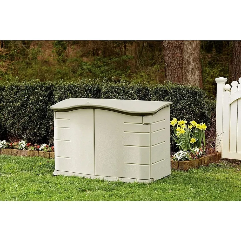 

Horizontal Resin Weather Resistant Outdoor Storage Shed, Olive and Sandstone, for Garden/Backyard/Home/Pool, 18 Ft³ Horizontal