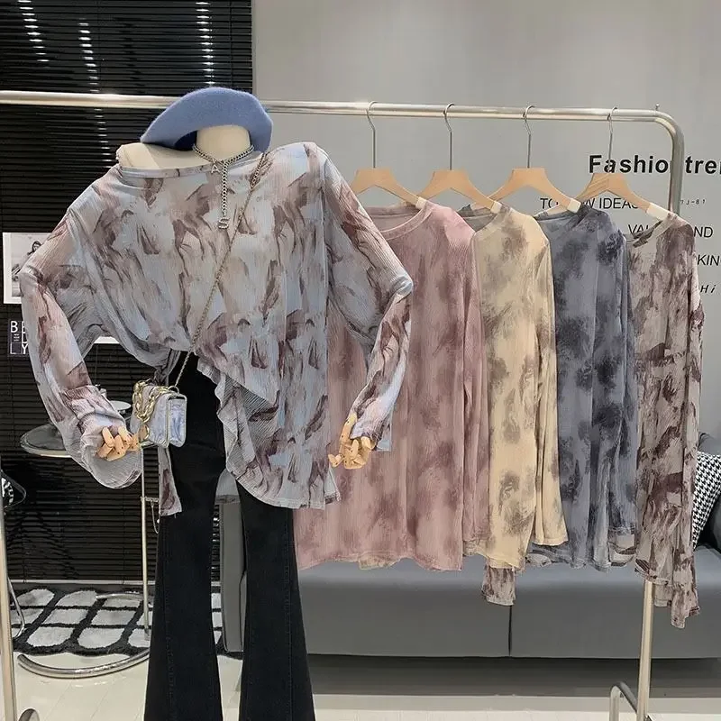 

O Neck Tie Dye Long Sleeve Women T-shirts Loose Casual Summer Sun Protection Tees Y2k Clothes Mesh Design Sense All-match Tops