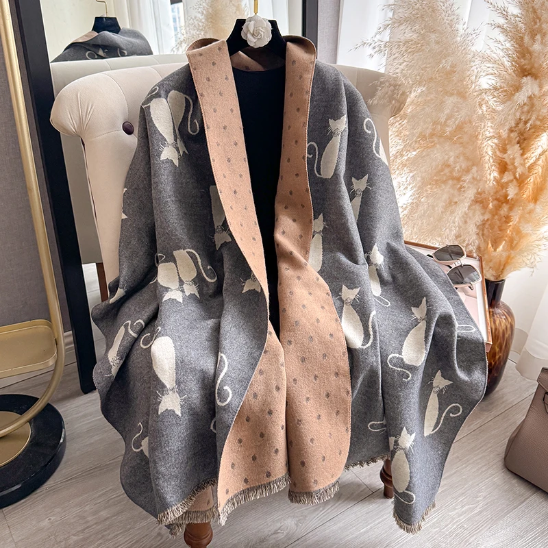 Women's Autumn Winter Warm Cat Pattern Faux Cashmere Scarf Jacquard Shawl Wrap Cozy Blanket Neck Protection